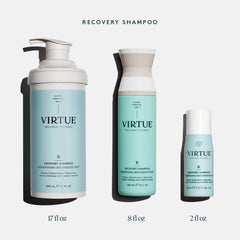 VIRTUE bottle label visible with keratin and baobab benefits