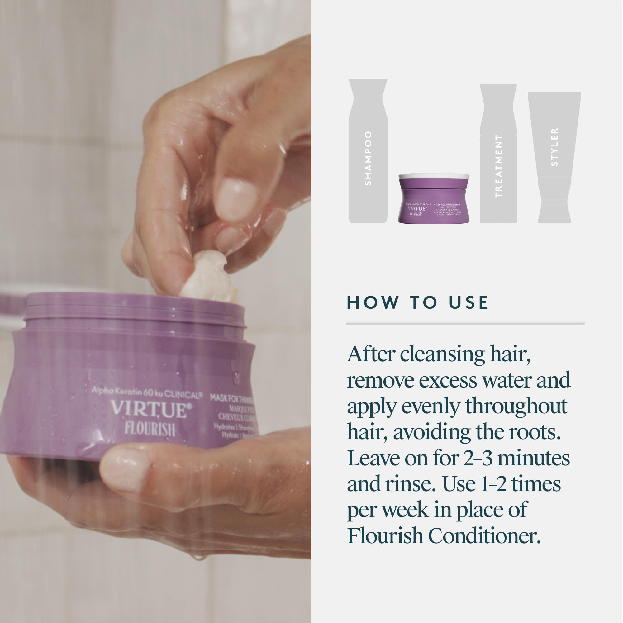 VIRTUE applied to wet hair showing even coverage and detangling benefit