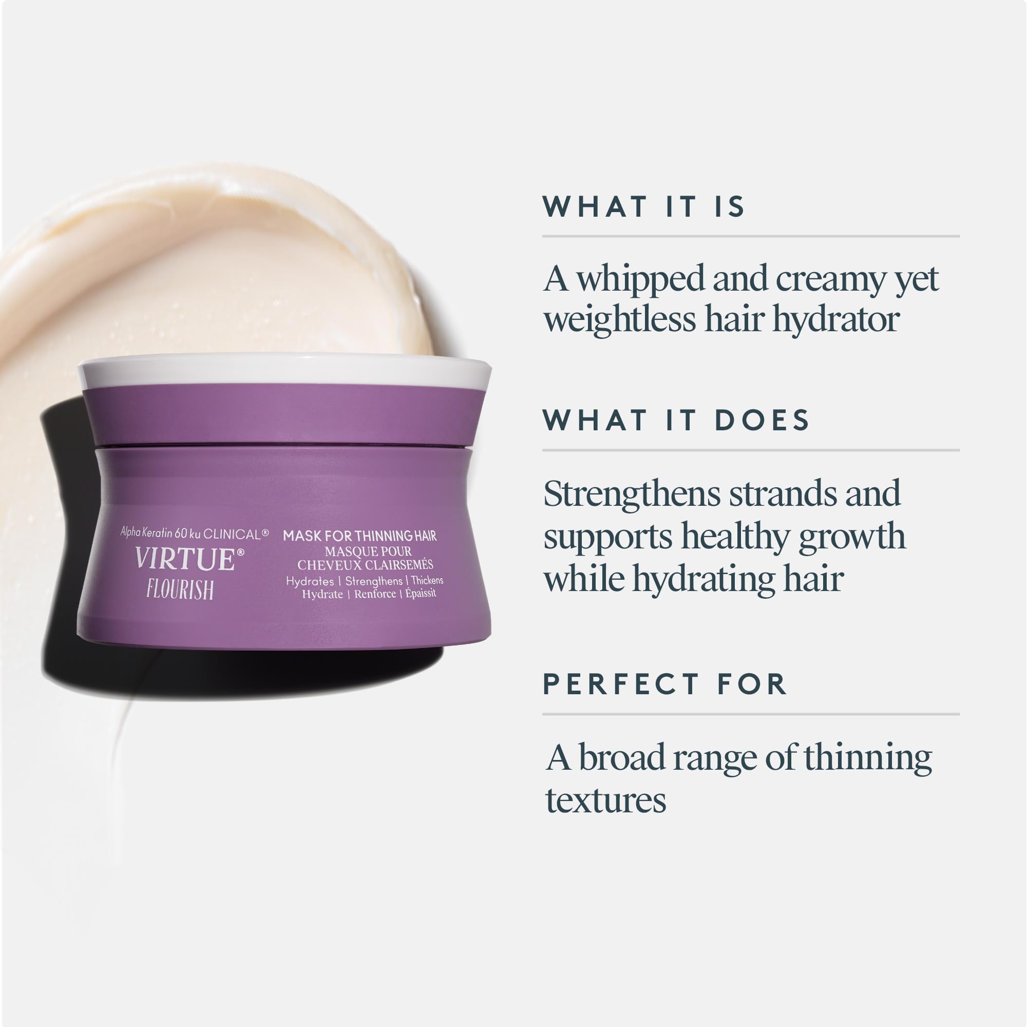 VIRTUE creamy whipped texture close-up demonstrating lightweight conditioning