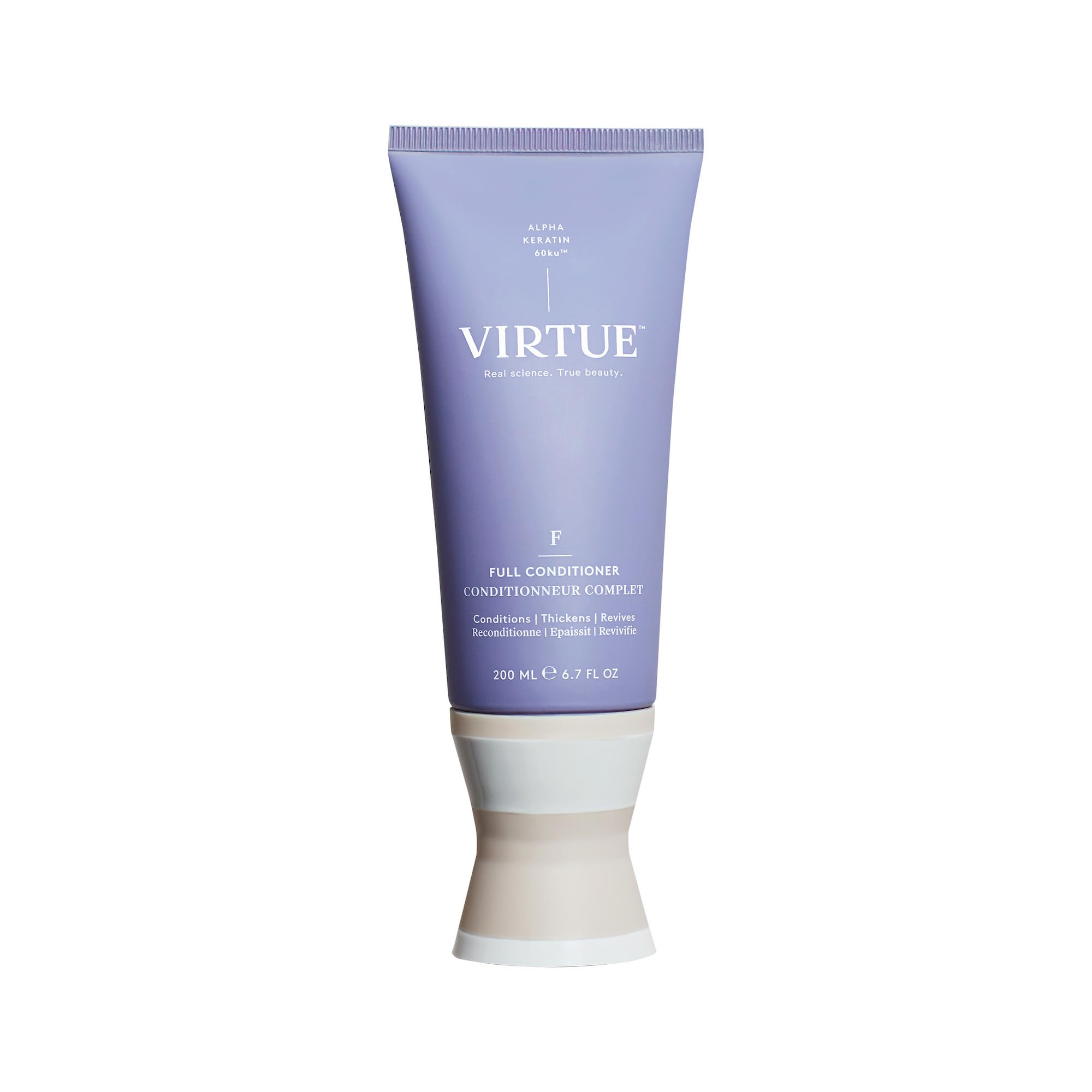 VIRTUE bottle front view showing clean packaging and volumizing promise