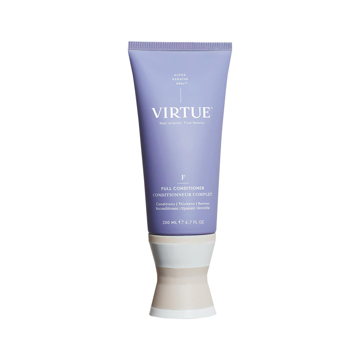 VIRTUE bottle front view showing clean packaging and volumizing promise