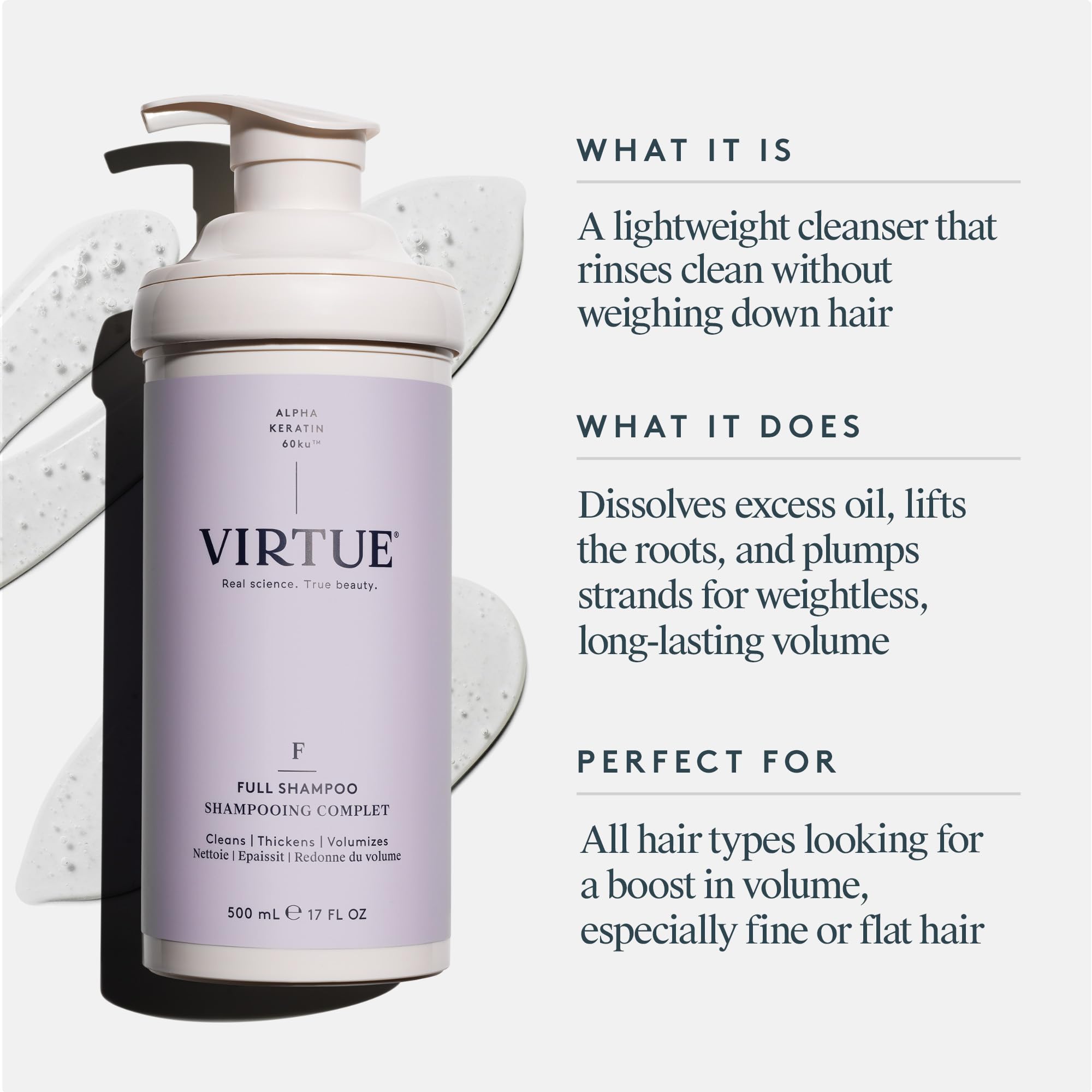 VIRTUE shampoo lather close-up illustrating light, airy foam