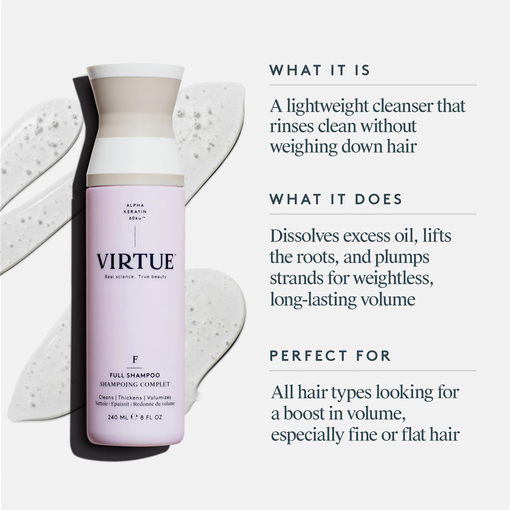 VIRTUE pump dispensing shampoo for easy application and controlled use