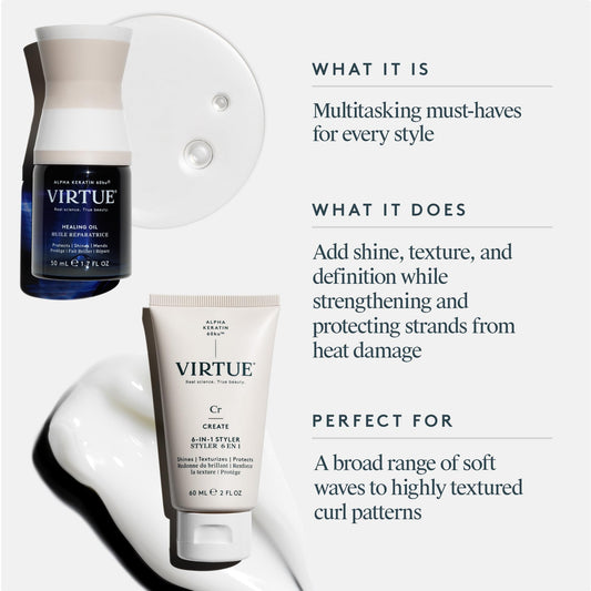 VIRTUE Healing Hair Oil bottle close-up highlighting repair benefit