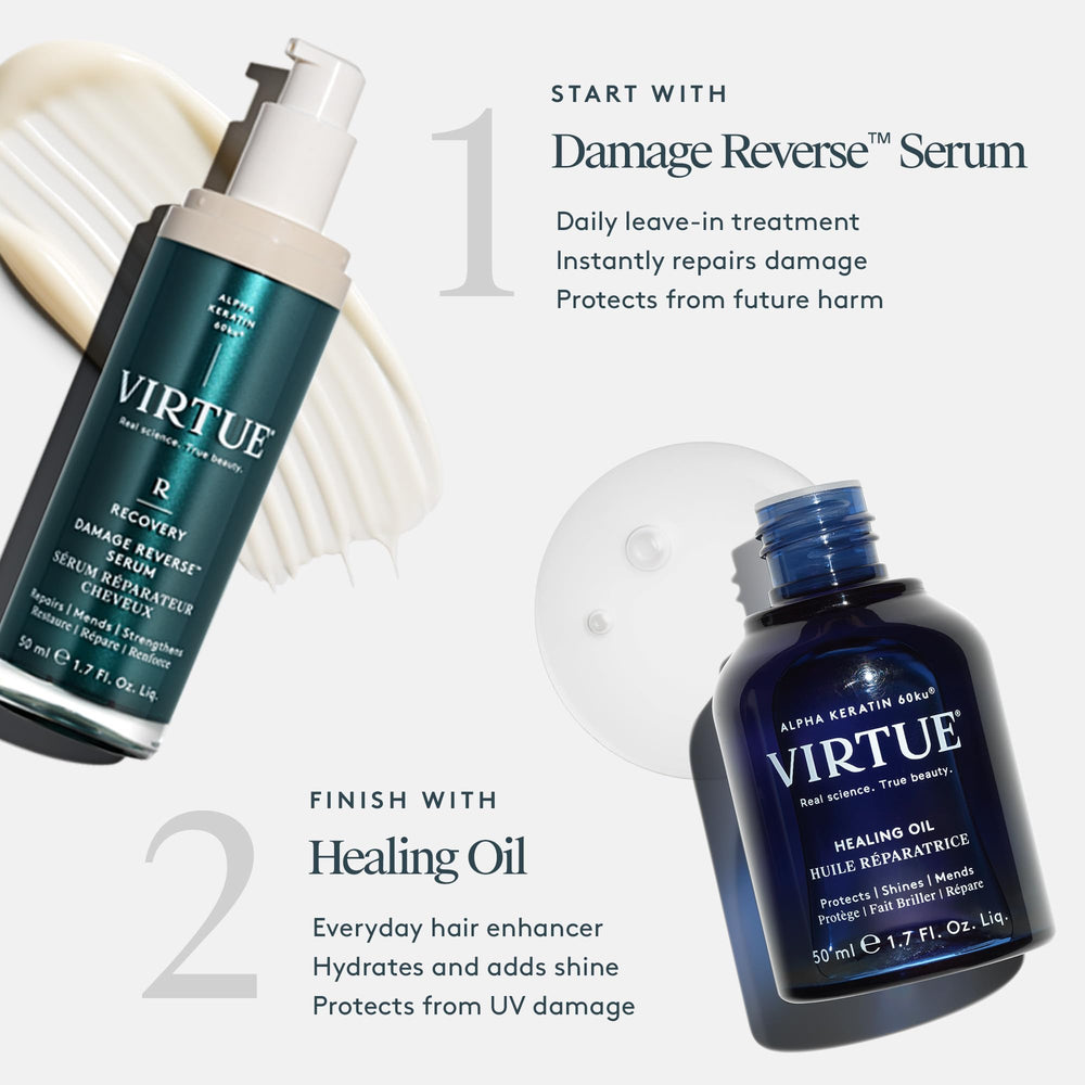 VIRTUE oil distributed through damp hair illustrating hydration and reduced frizz