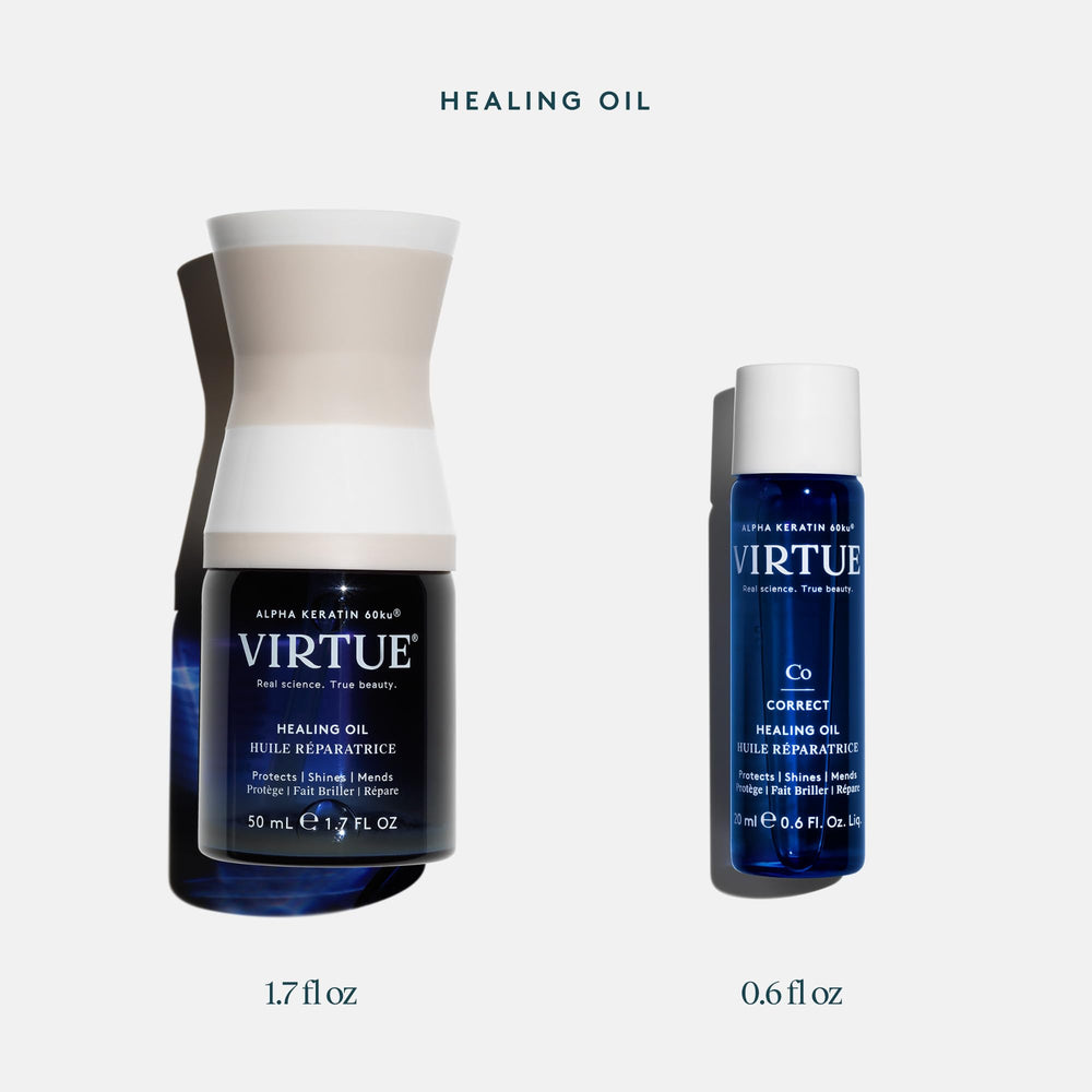 VIRTUE oil on dry styled hair adding shine and smoothing flyaways after styling