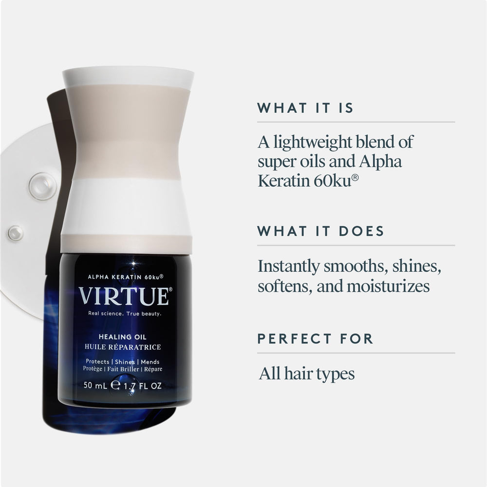 VIRTUE healing oil being dispensed from pipette for precise, mess-free application