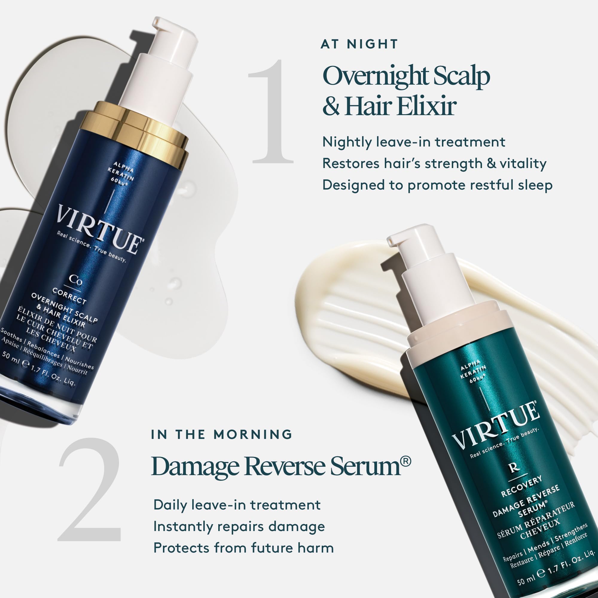VIRTUE label and claims closeup showing dermatologist-tested and drug-free reassurance