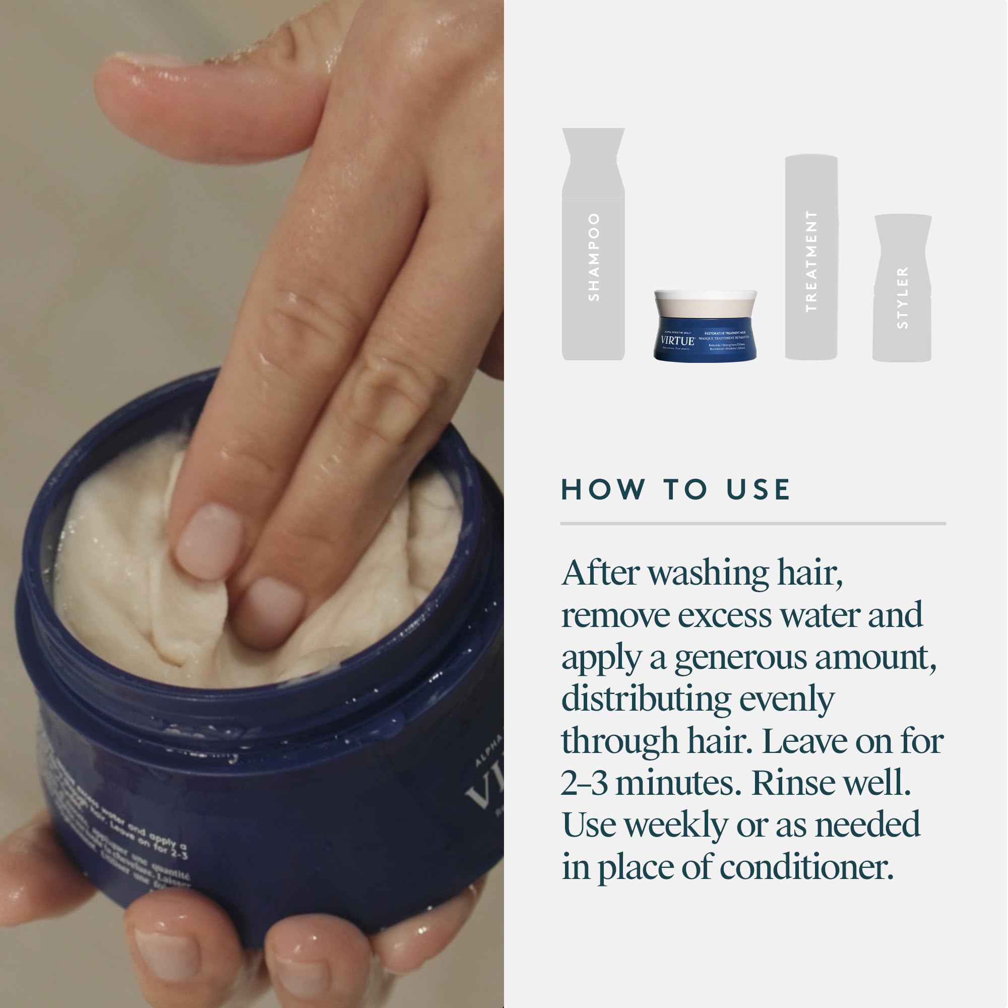 VIRTUE jar staged in bathroom setting suggesting a relaxing at-home treatment ritual