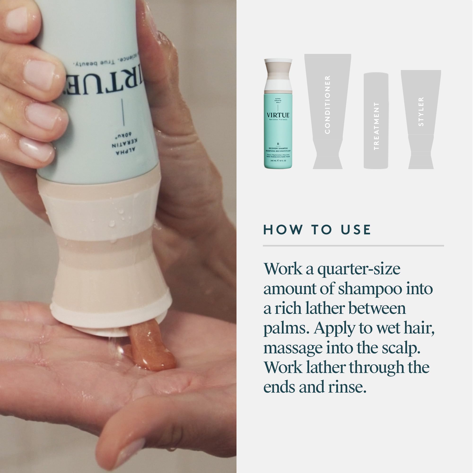 VIRTUE shampoo with conditioner in lifestyle bathroom setting