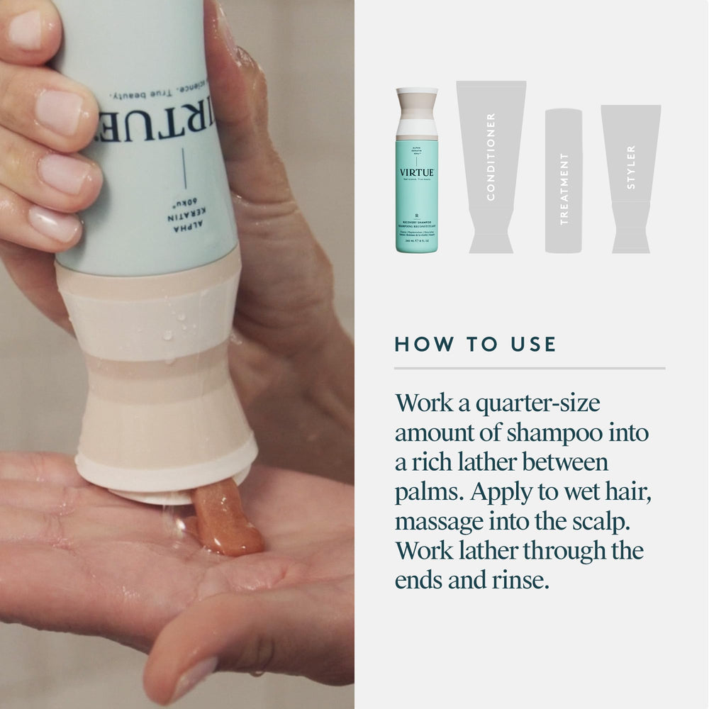 VIRTUE shampoo with conditioner in lifestyle bathroom setting