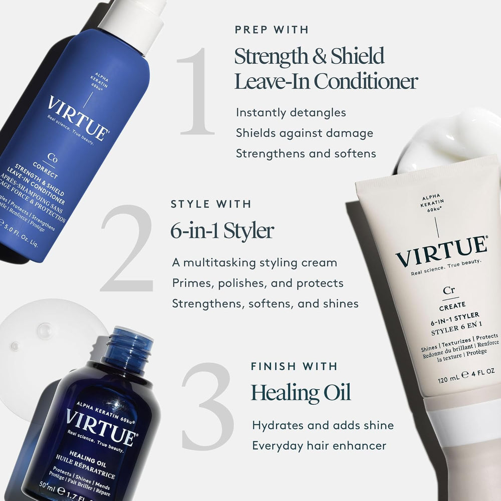 VIRTUE application on hair illustrating smoother detangling benefit