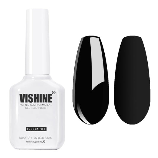 Vishine bottle front view showing sleek black polish and brand clarity