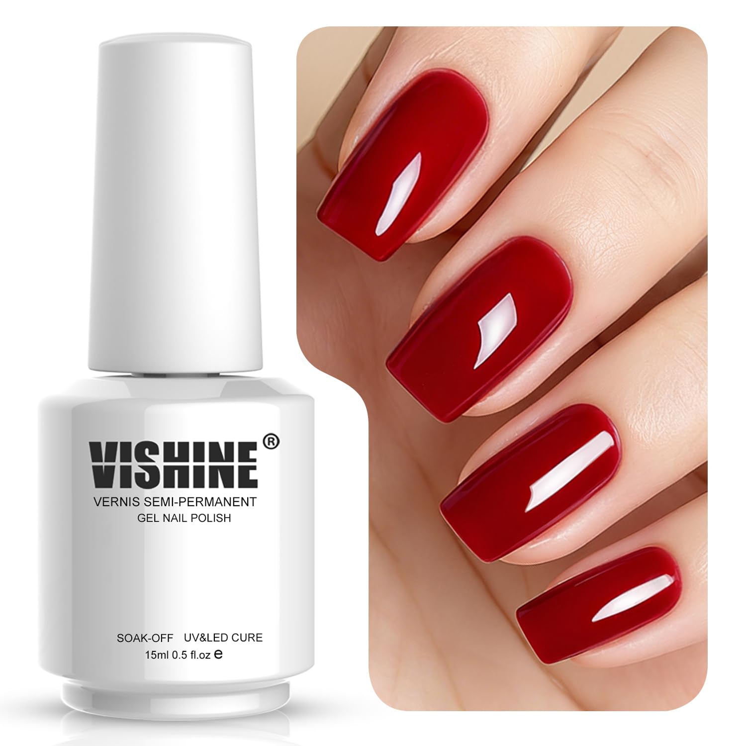 Vishine front packaging showing 15ml bottle and rich blood red color for bold manicures