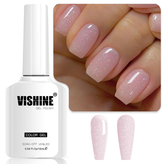 Vishine front bottle showing glitter nude pink, salon-quality finish