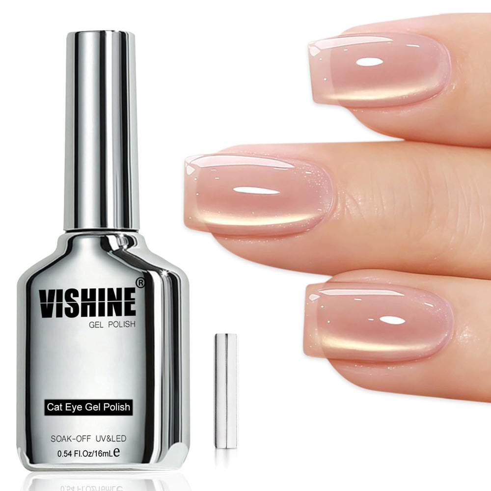 Vishine bottle front view showing gold cat eye polish and glossy finish benefit