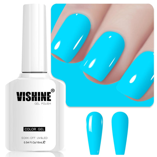 Vishine sky blue bottle front view showing bright color and glossy finish