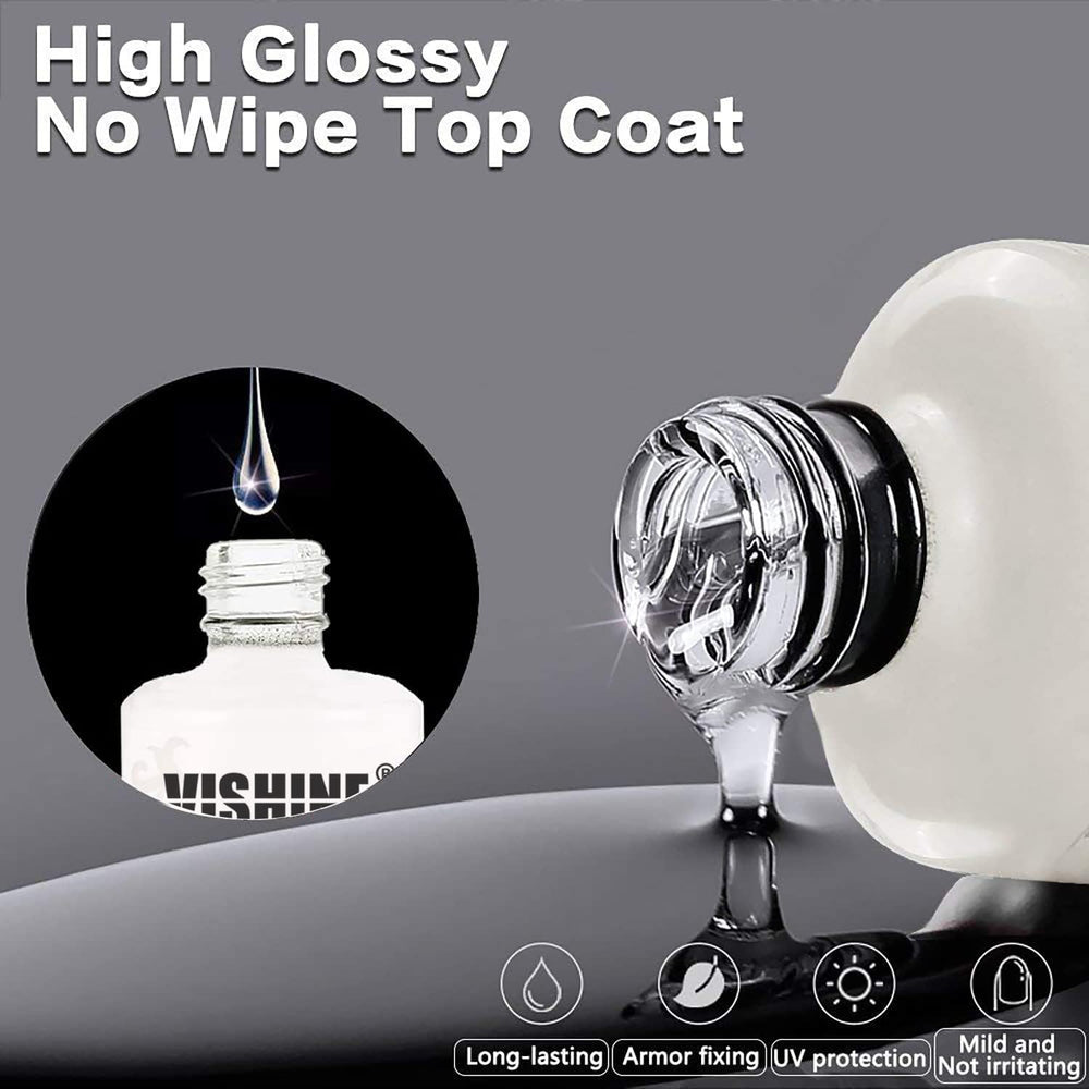 Vishine texture close-up of glossy no-wipe top coat demonstrating smooth shine