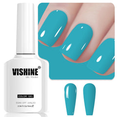 Vishine bottle front view showing turquoise gel polish and glossy finish benefit