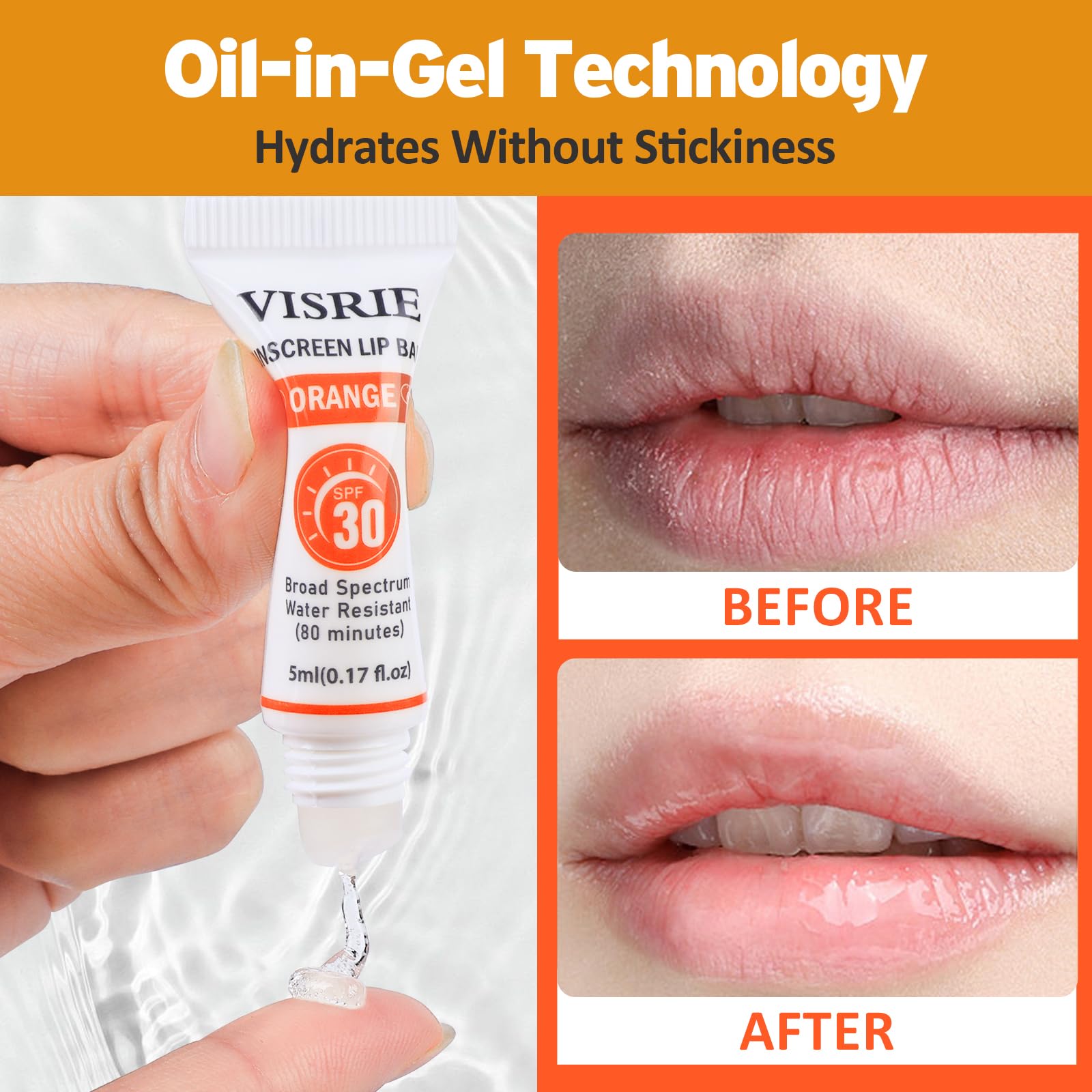 VISRIE applied on lips clear finish, protects without residue