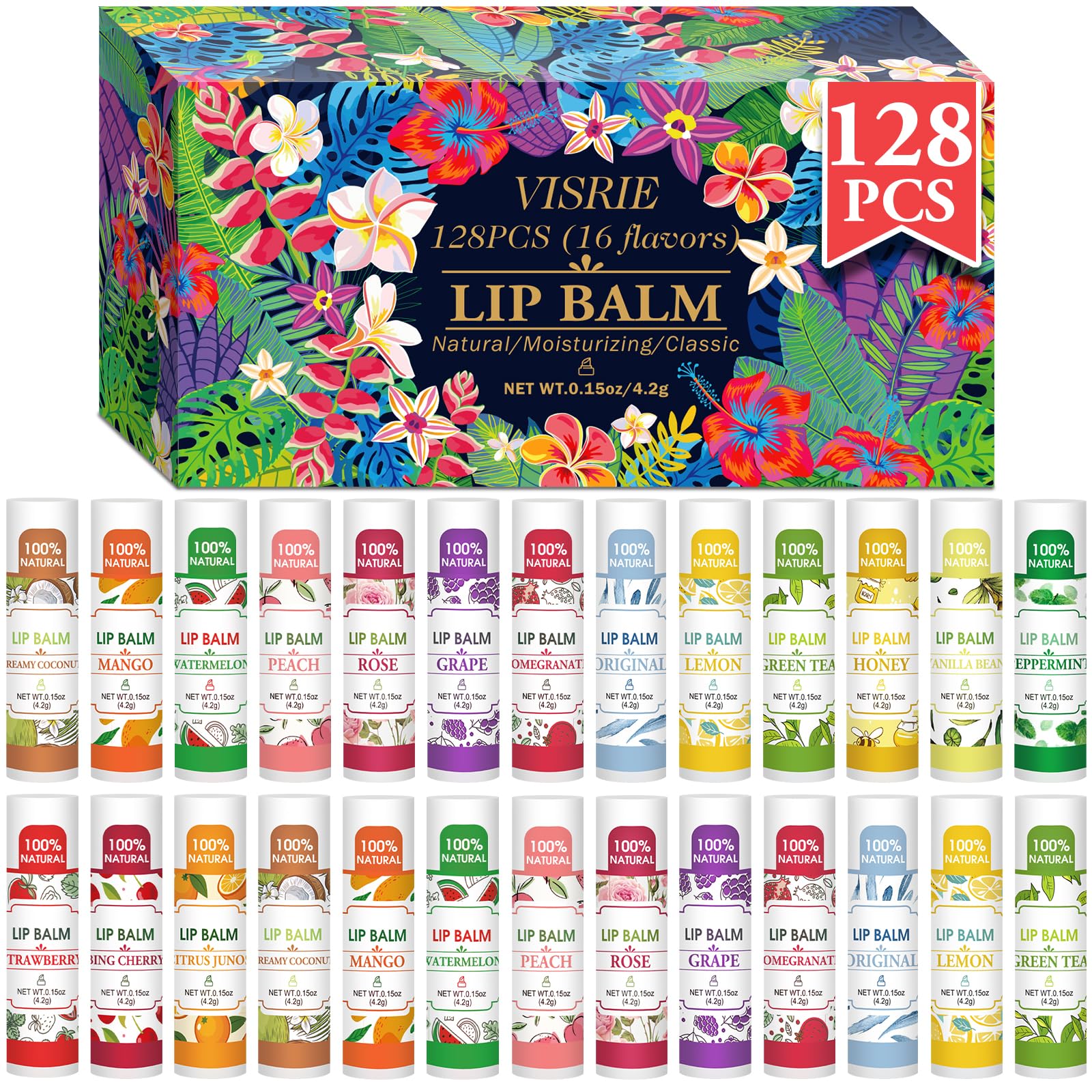 VISRIE front packaging showing 128-count value pack and flavor list for easy selection