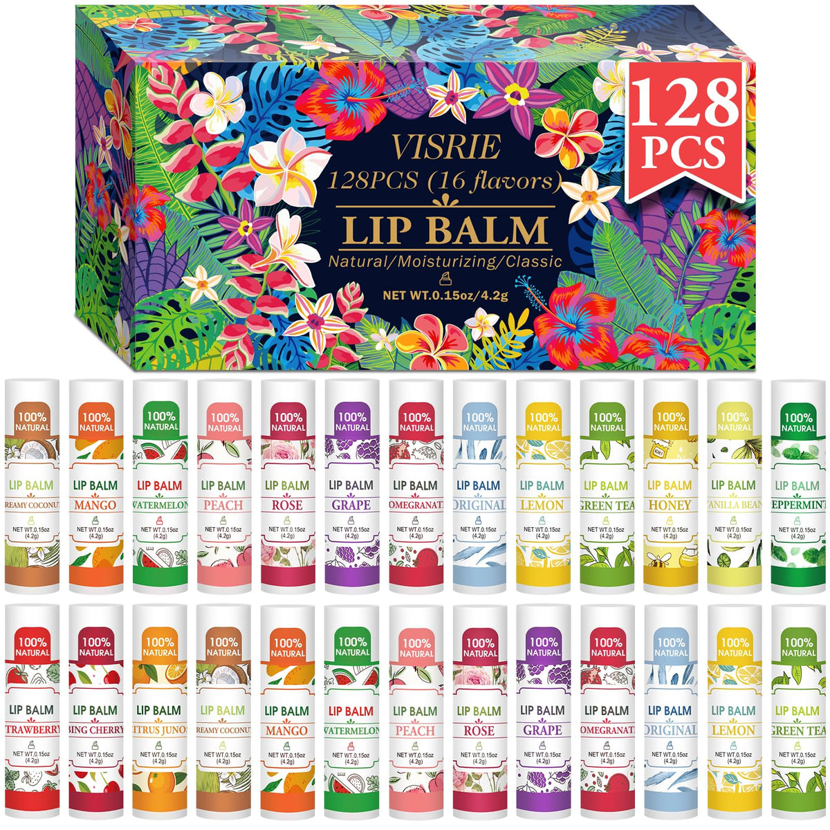 VISRIE front packaging showing 128-count value pack and flavor list for easy selection
