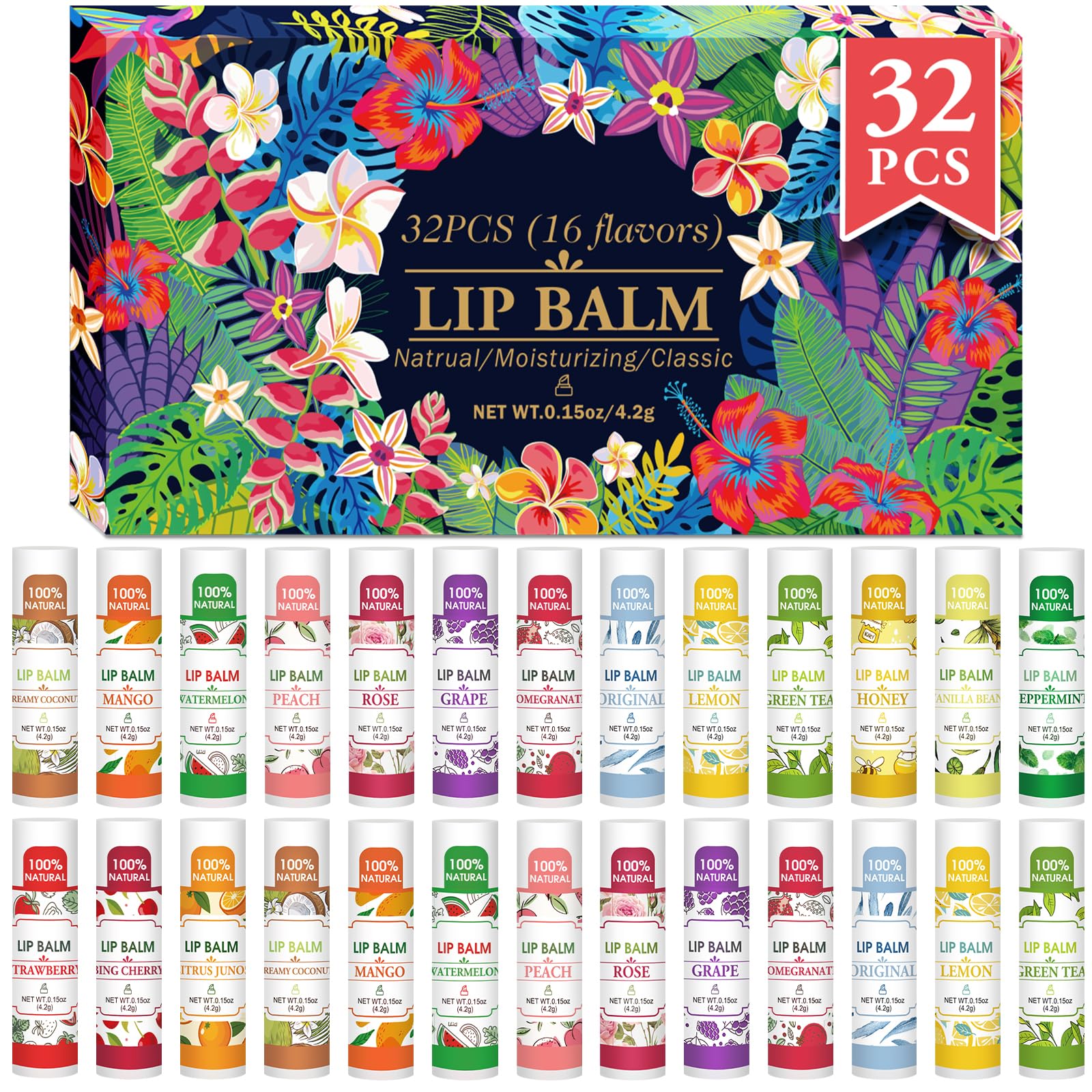 VISRIE front packaging of 32 lip balms showing flavor variety and bulk value