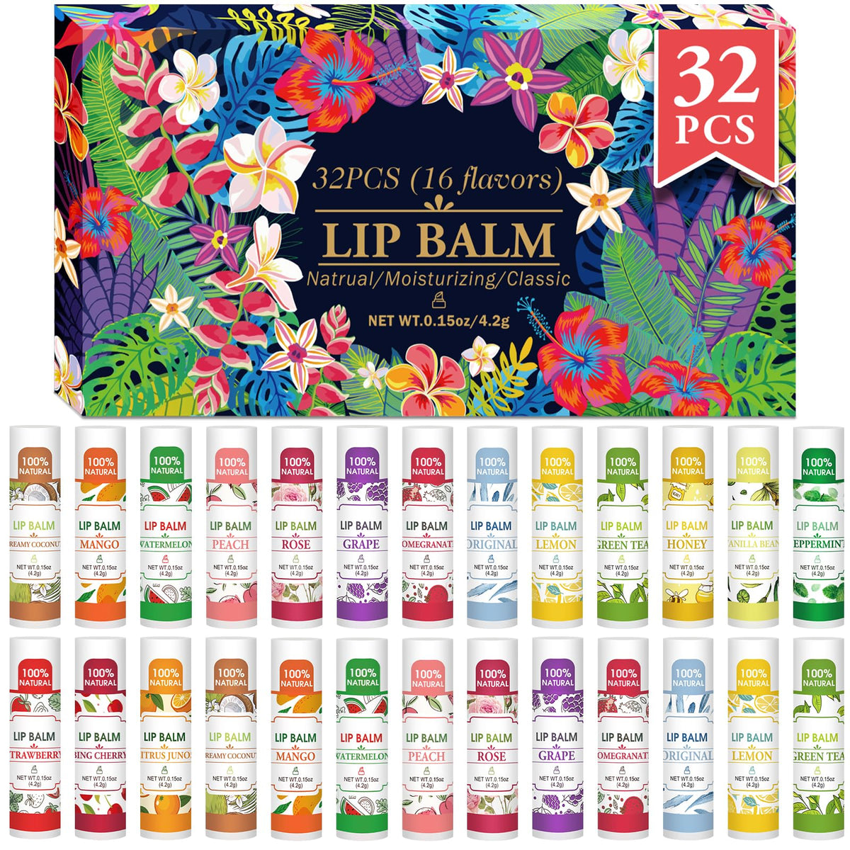 VISRIE front packaging of 32 lip balms showing flavor variety and bulk value