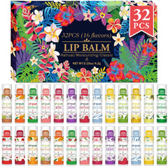VISRIE front packaging of 32 lip balms showing flavor variety and bulk value