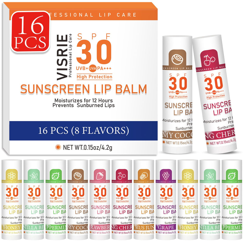 VISRIE front packaging showing 16 lip sunscreen tubes and SPF information for convenience
