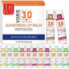 VISRIE front packaging showing 16 lip sunscreen tubes and SPF information for convenience