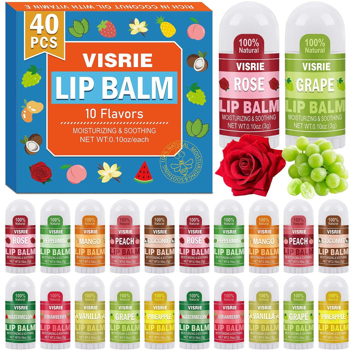 VISRIE front packaging showing 40 mini lip balms, convenient bulk gifting