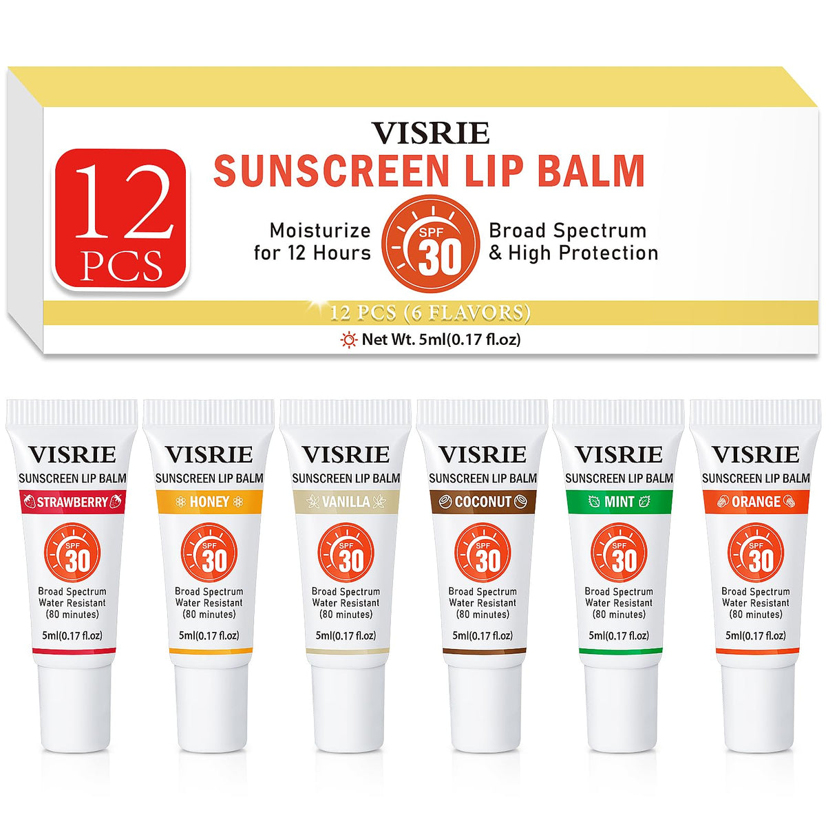VISRIE front packaging showing 12-pack and clear tubes protecting lips