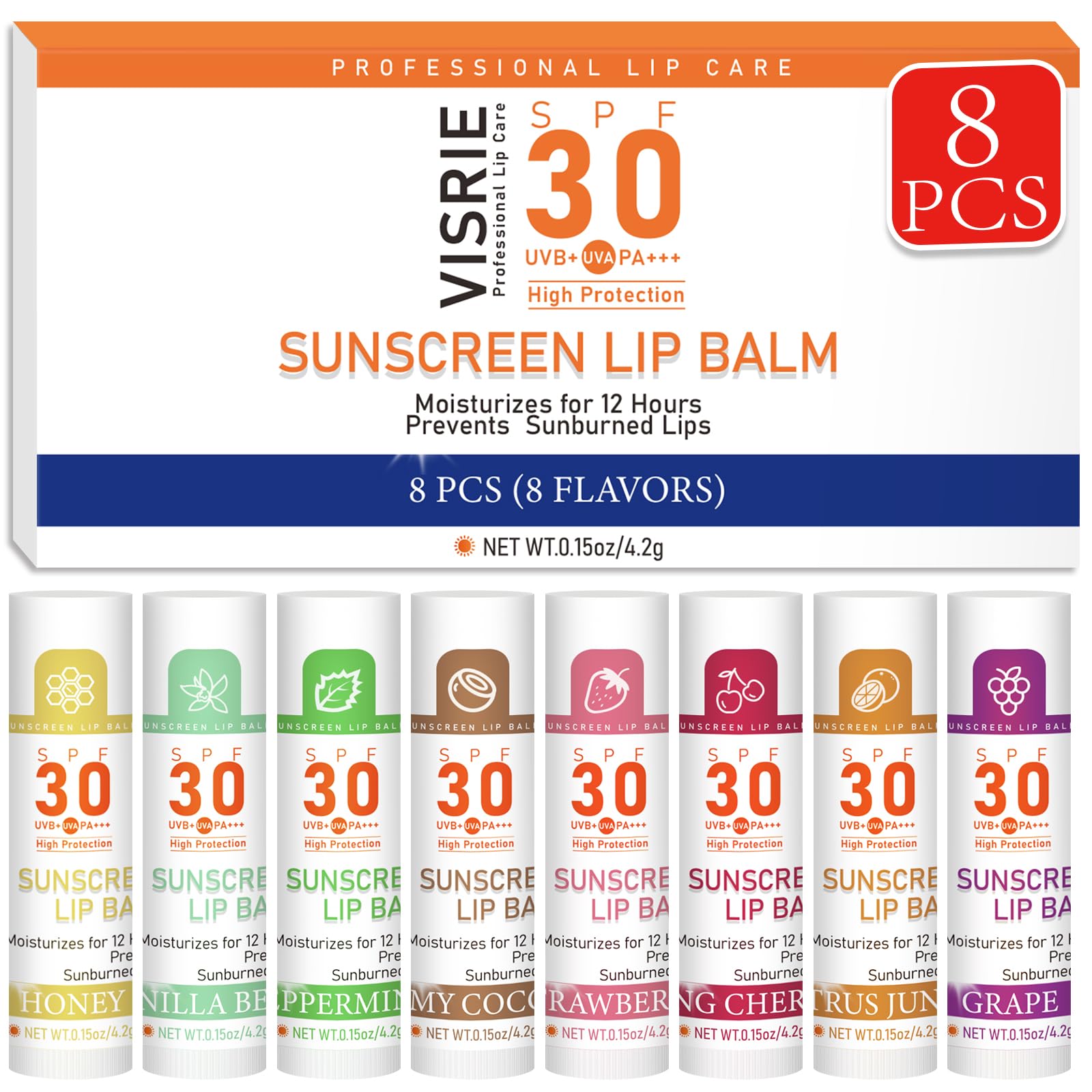 VISRIE front packaging showing eight colorful SPF 30 lip balms and benefits