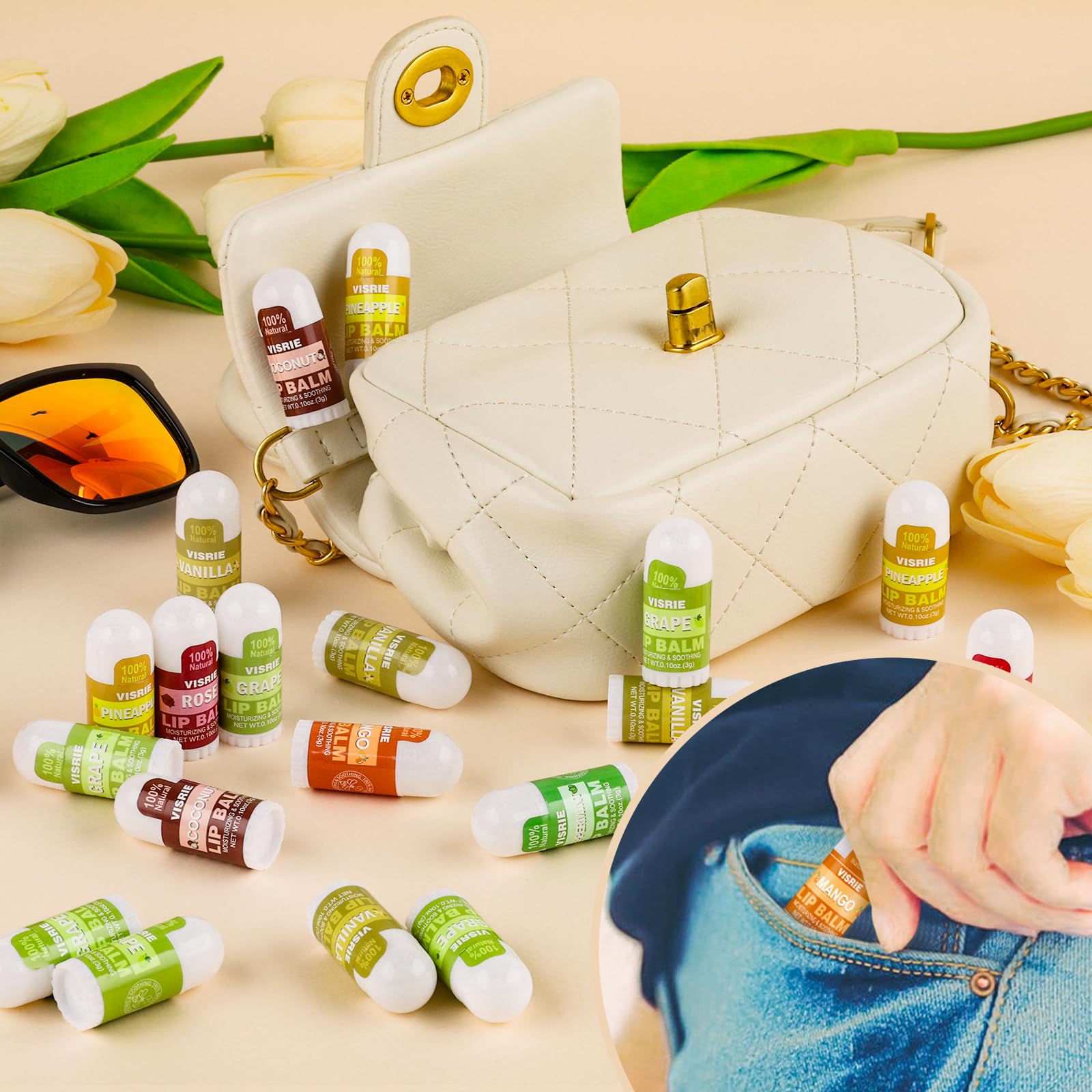 VISRIE lip balms in a party favor display, easy event distribution
