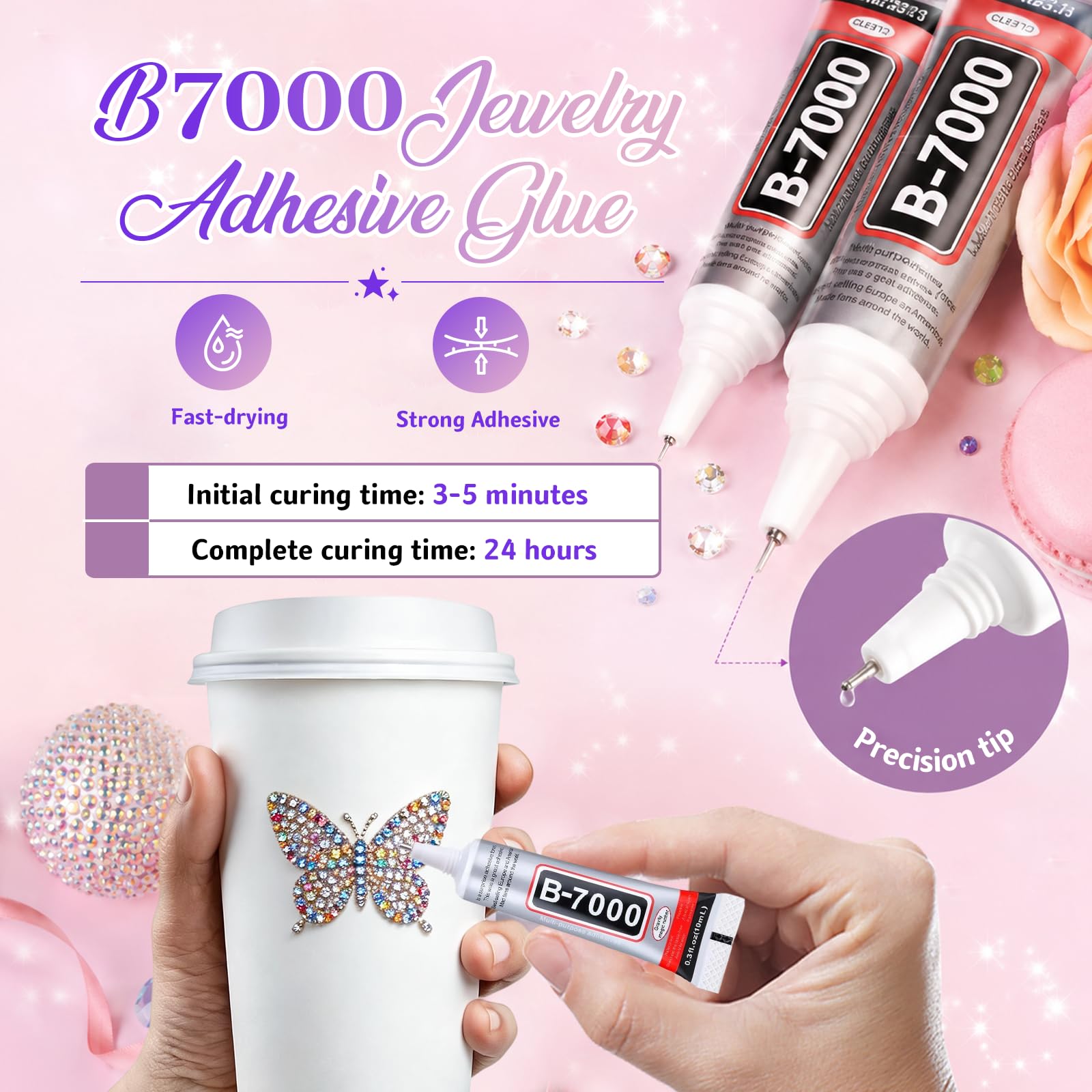 VISRIE wax pick tweezers and B7000 glue tube detail for precise placement and strong hold