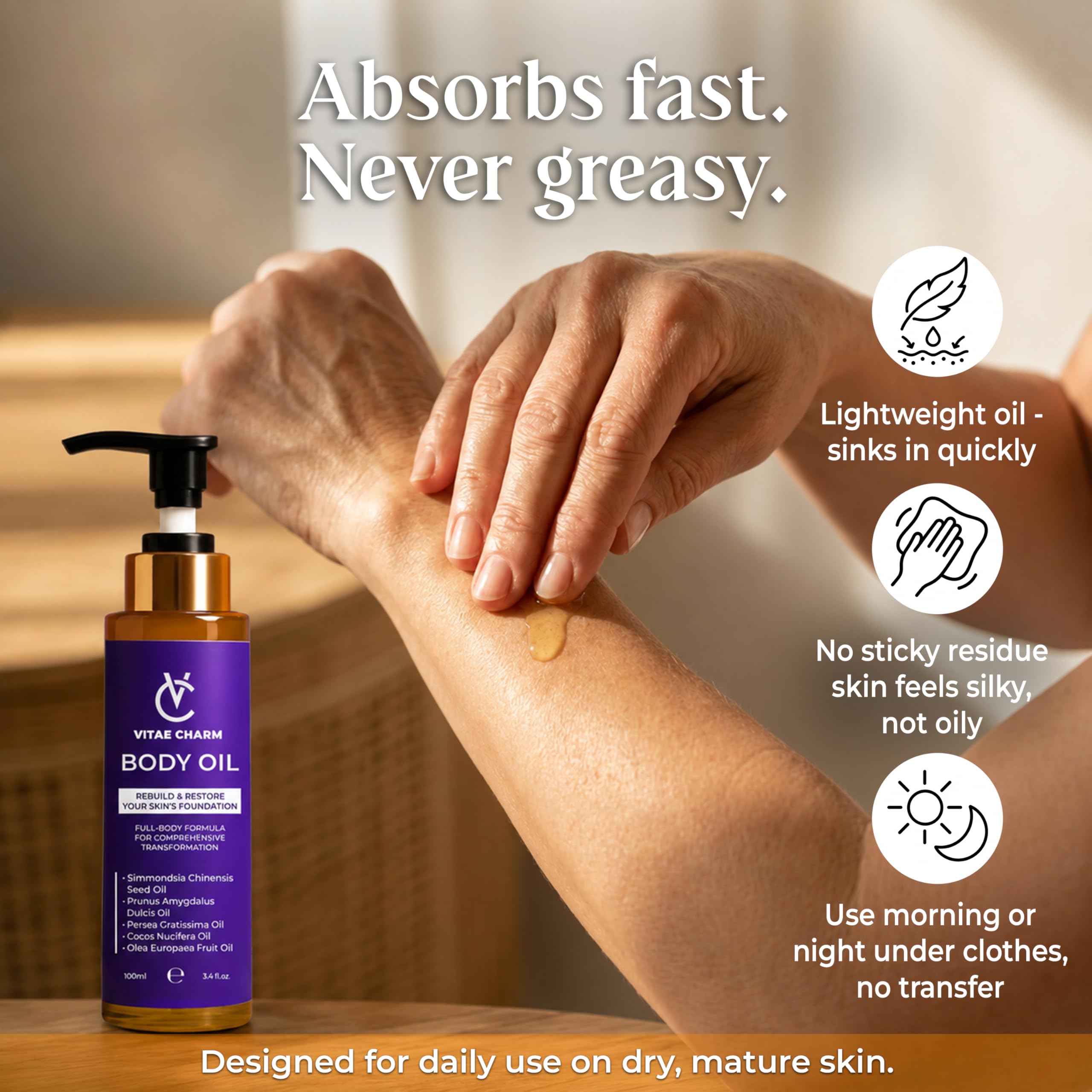 vitae charm oil poured into hand demonstrating lightweight non-greasy feel