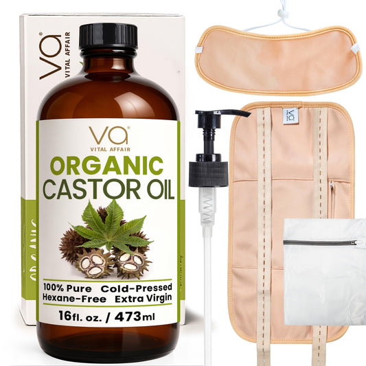 VITAL AFFAIR 16 oz amber glass bottle showing organic castor oil and label benefits