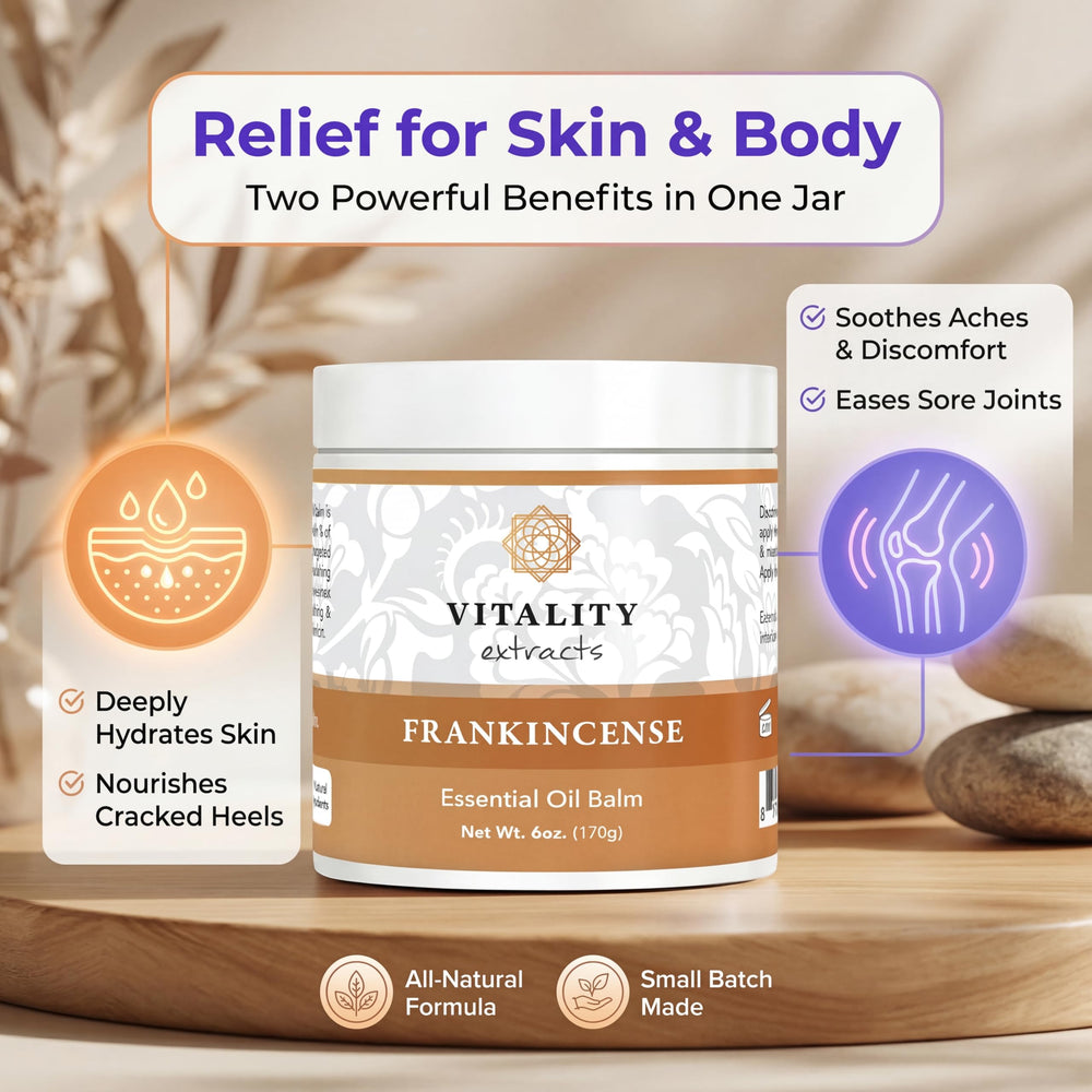 Vitality frankincense balm applied on hand demonstrating immediate moisturized feel