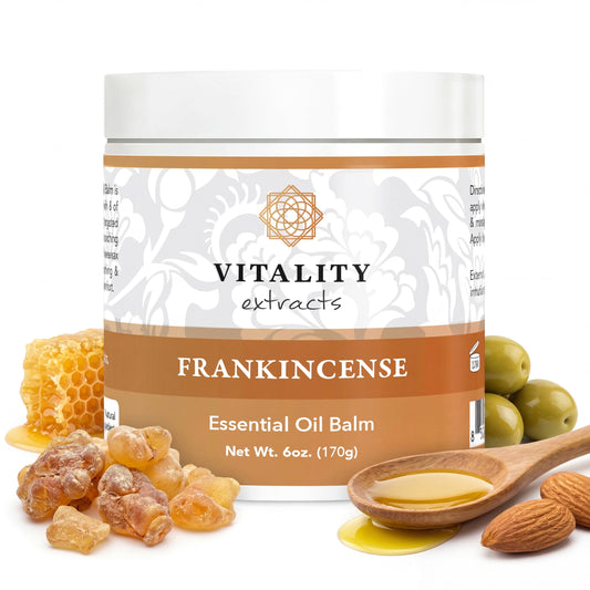 Vitality frankincense balm front jar showing packaging and 6oz size benefit