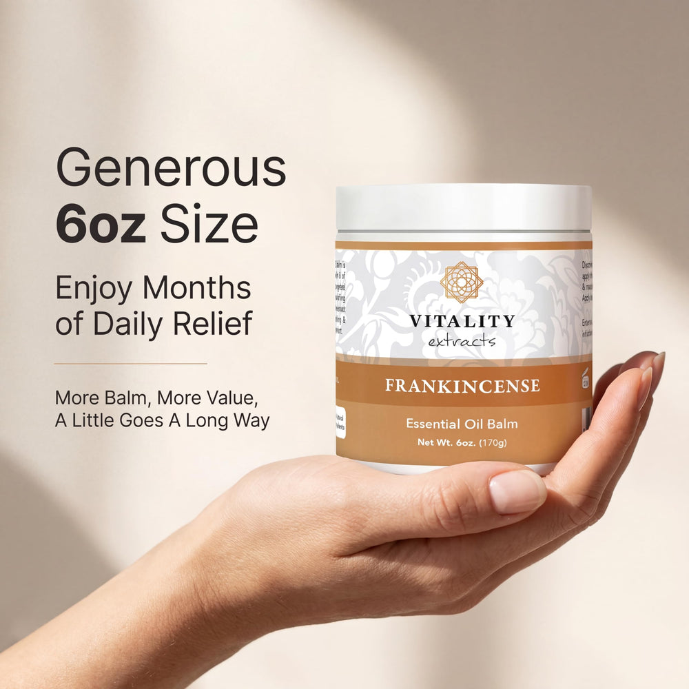 Vitality frankincense balm ingredients display with beeswax and oils highlighting natural formulation
