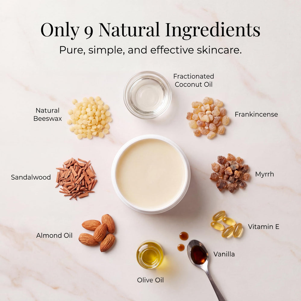 Vitality Skin Envy oils and beeswax ingredients laid out for ingredient transparency