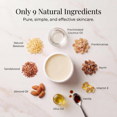Vitality Skin Envy oils and beeswax ingredients laid out for ingredient transparency