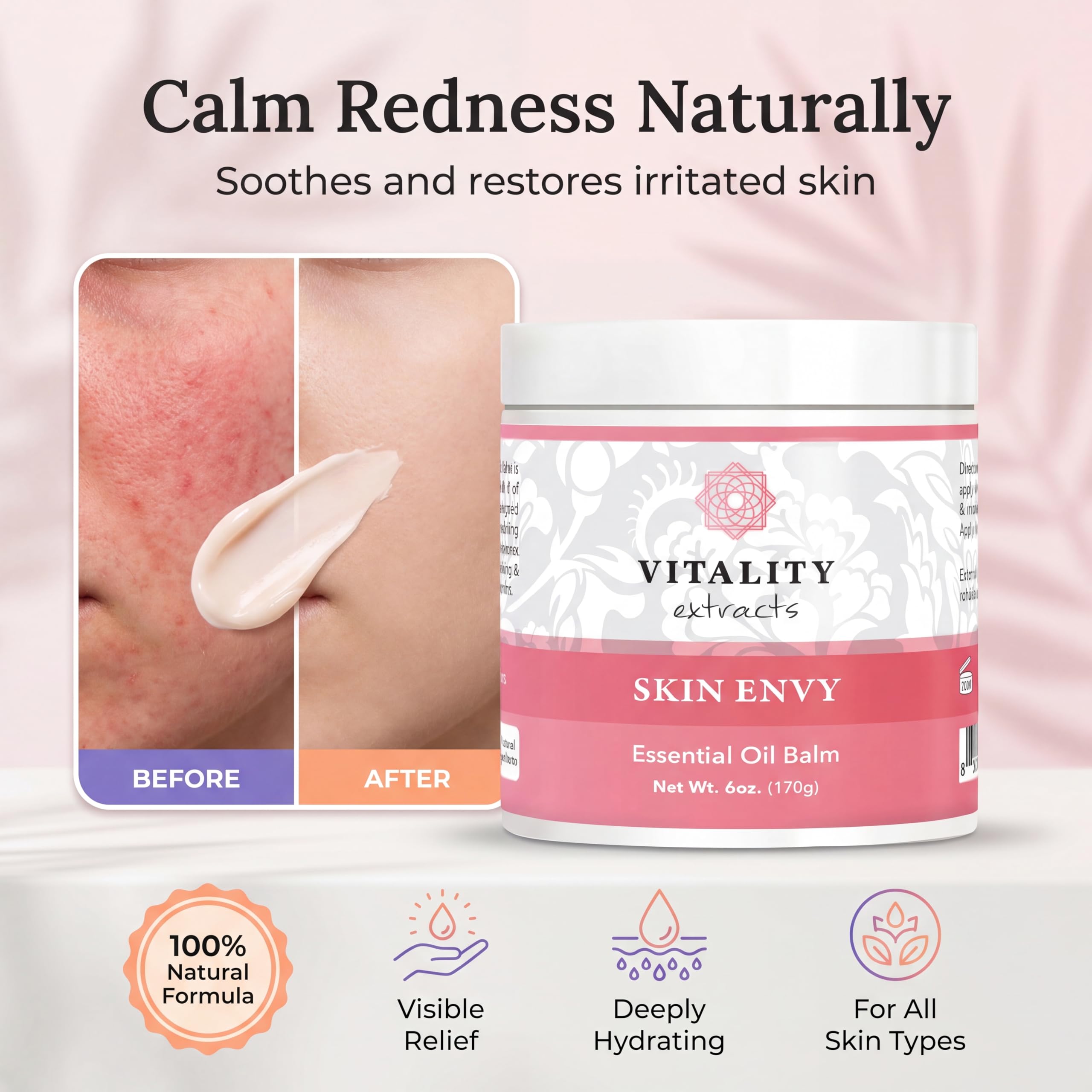 Vitality Skin Envy next to a measuring cup illustrating the 6oz generous size