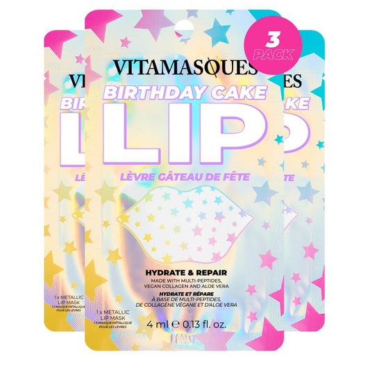 Vitamasques packaging front showing three birthday cake collagen lip masks benefits
