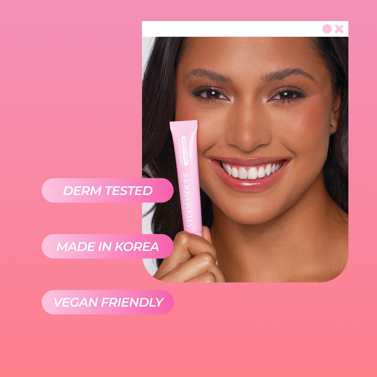Vitamasques balm applied to lips showing light tint and healthy-looking hydration