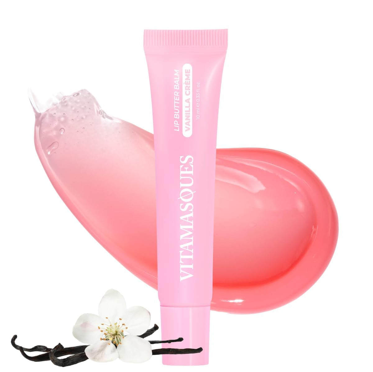 Vitamasques front view of lip butter shows compact tube and vanilla sachet benefit hydration