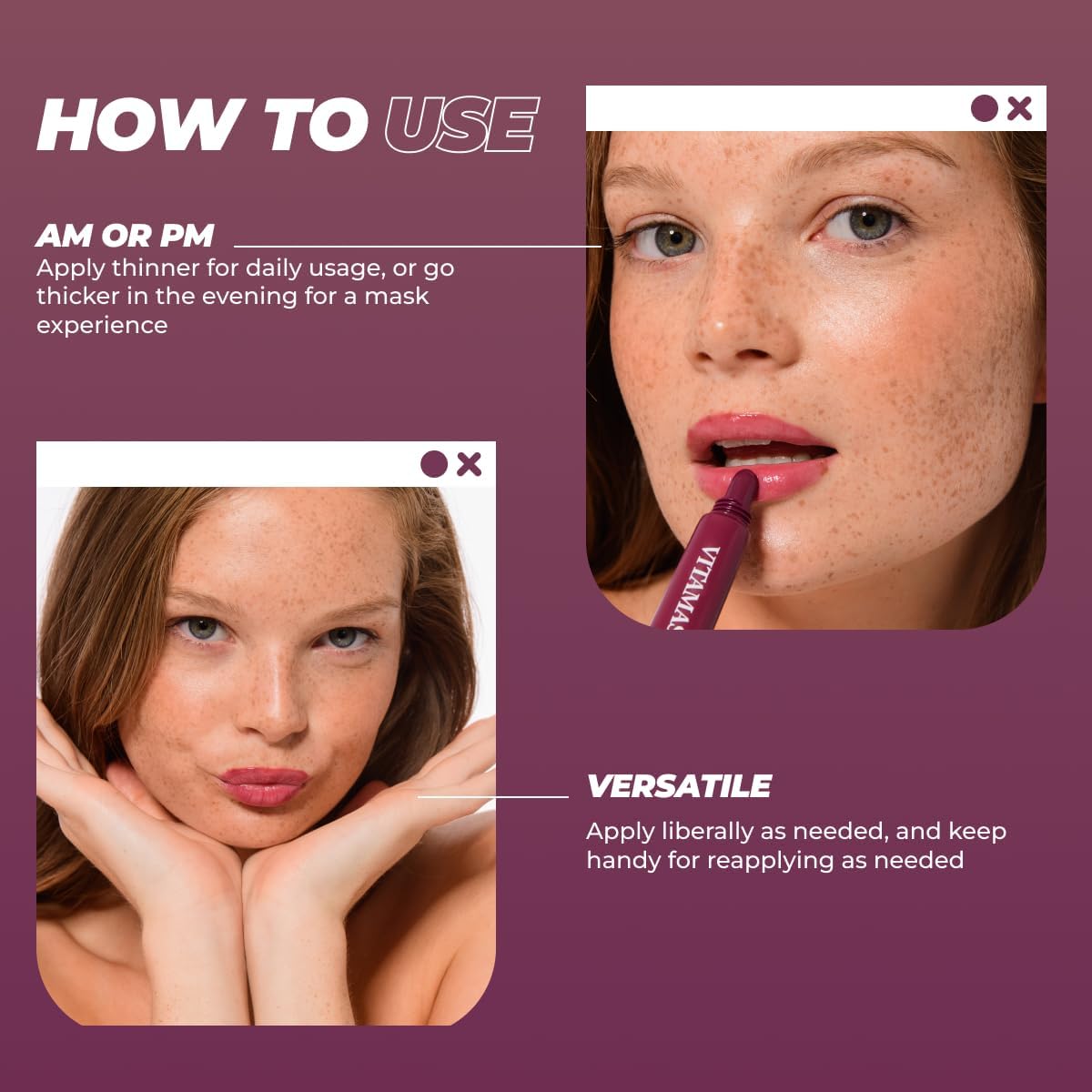 Vitamasques applied on model lips showing natural color and smoothness benefit