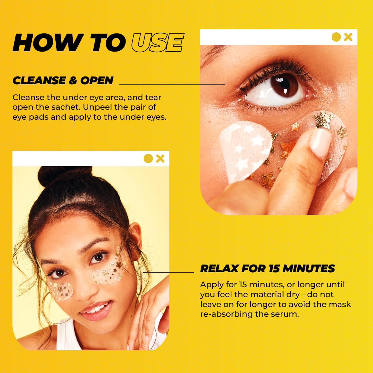 Vitamasques patches applied under eye demonstrating de-puffing and brightening
