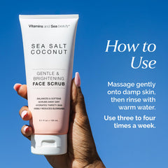 VITAMINS AND SEA BEAUTY applying scrub to cheek demonstrating gentle exfoliation benefit